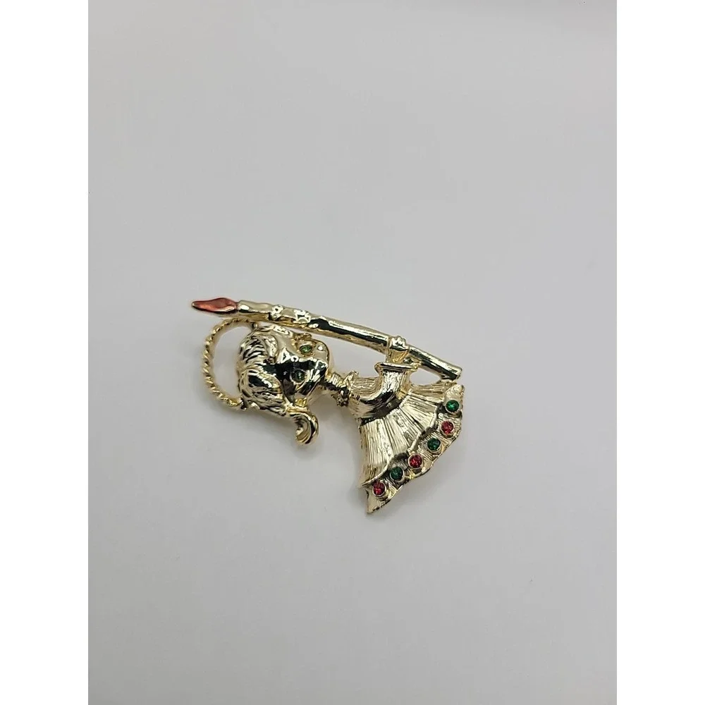Vintage‎ Christmas Girl Holding Candle Brooch Gold Tone Red Green Rhinestone Pin